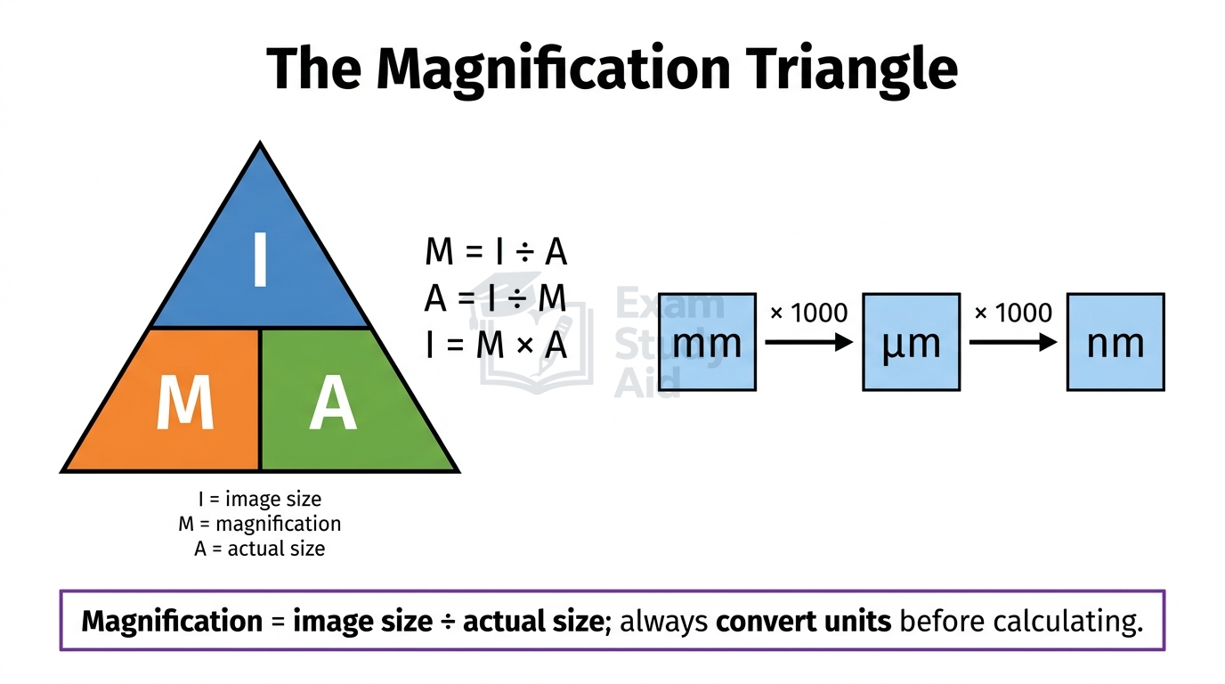 Magnification triangle for image size, magnification and actual size, with a unit conversion arrow from millimetres to micrometres to nanometres, each times 1000.