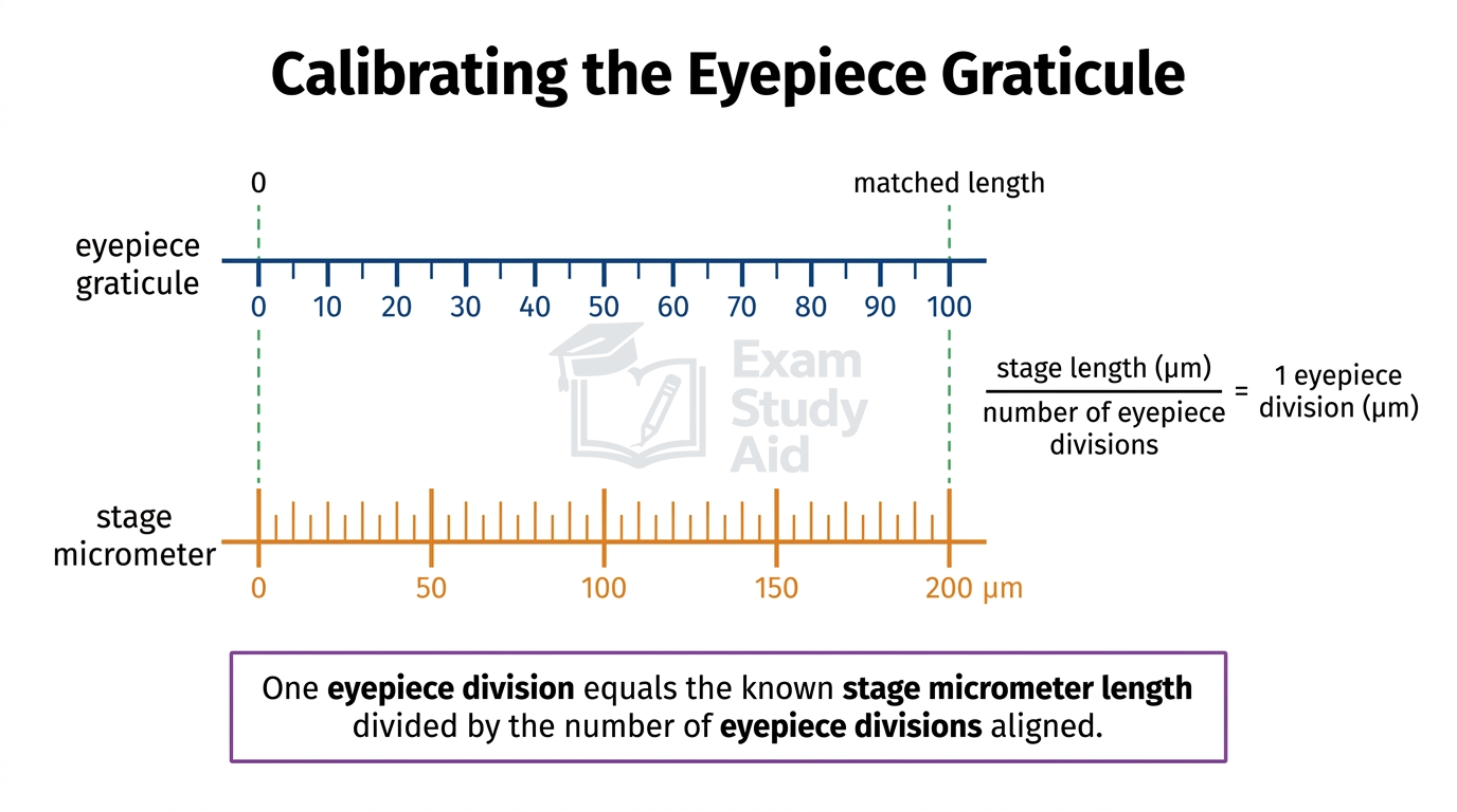 Eyepiece graticule calibration diagram aligning the 0 to 100 graticule scale with a stage micrometer marked to 200 micrometres to find one division's real length.