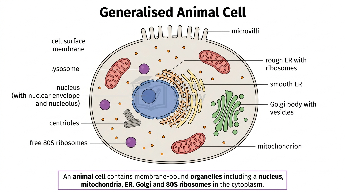 Labelled generalised animal cell showing cell surface membrane, nucleus, lysosome, centrioles, free 80S ribosomes, rough and smooth ER, Golgi body and mitochondria.