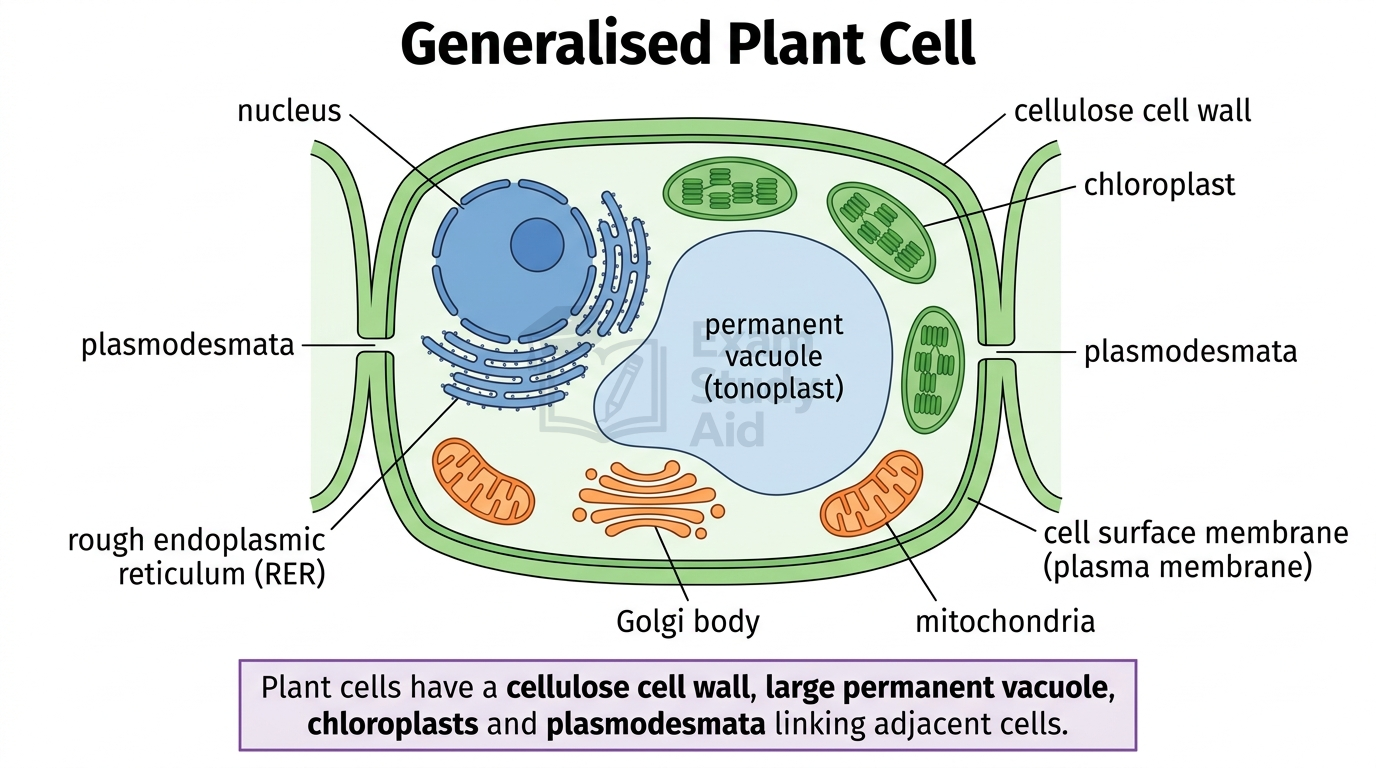 Labelled generalised plant cell showing cellulose cell wall, chloroplasts, large permanent vacuole with tonoplast, plasmodesmata, nucleus, rough ER, Golgi and mitochondria.