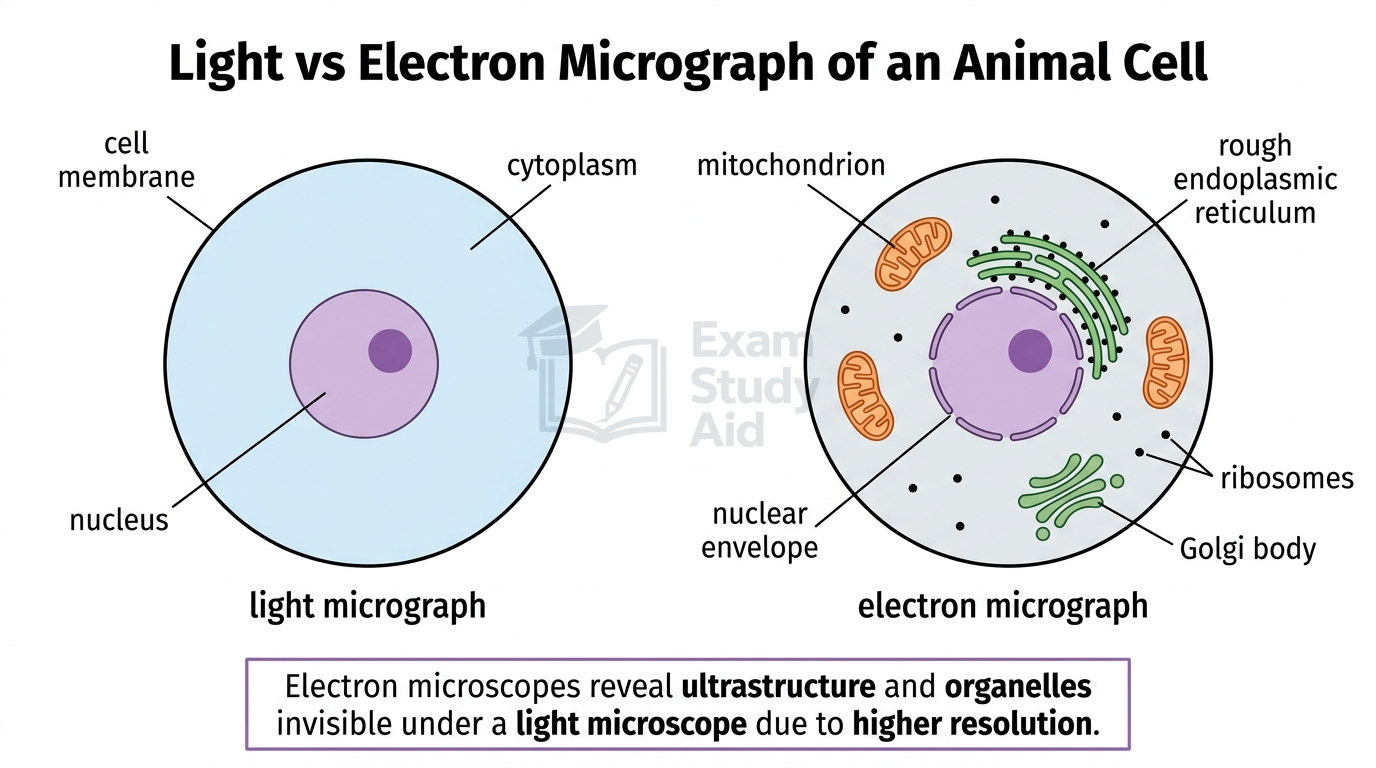 Light micrograph versus electron micrograph of an animal cell, the electron view revealing ultrastructure including mitochondria, rough ER, ribosomes and Golgi body.