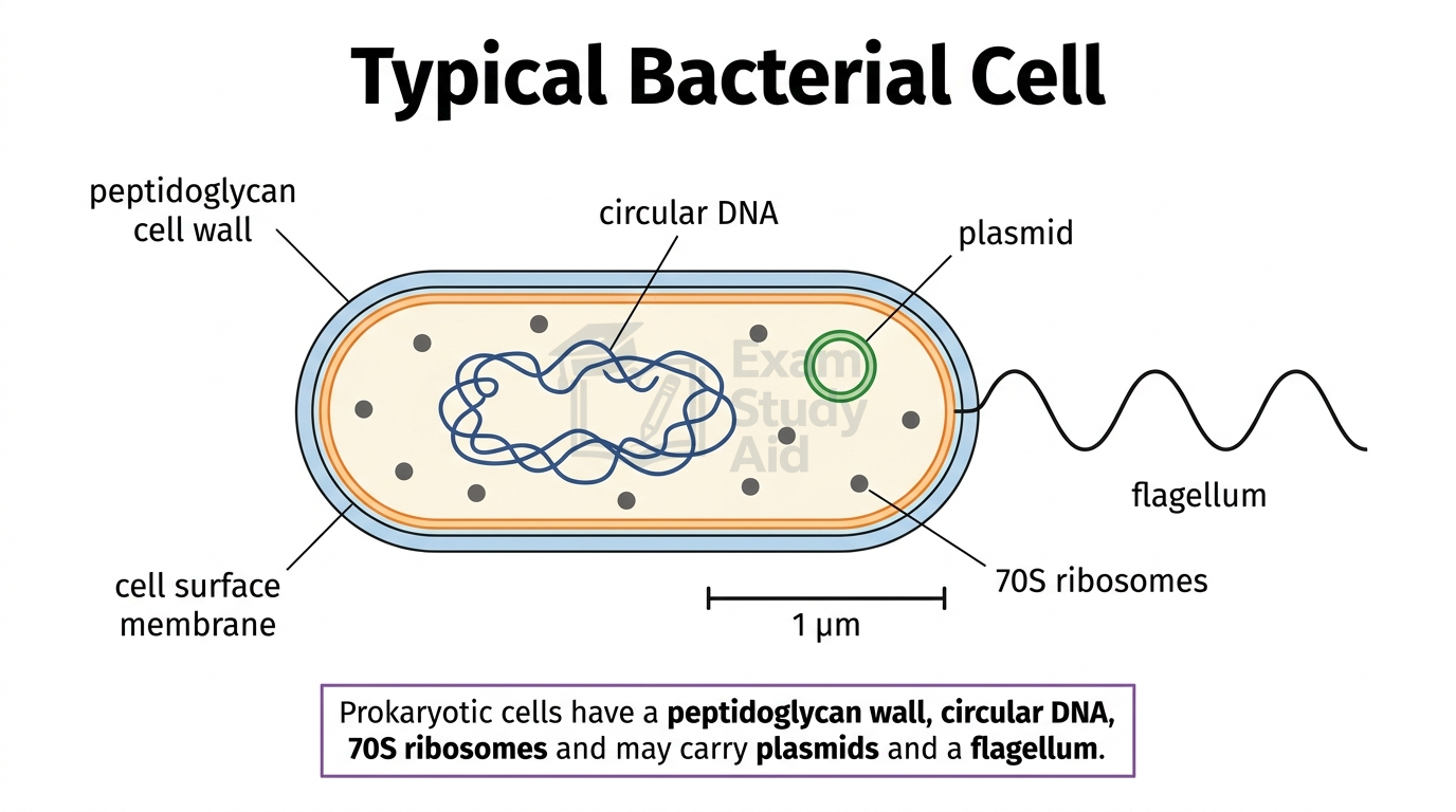 Labelled typical bacterial cell showing peptidoglycan cell wall, cell surface membrane, circular DNA, plasmid, 70S ribosomes, flagellum and a 1 micrometre scale bar.