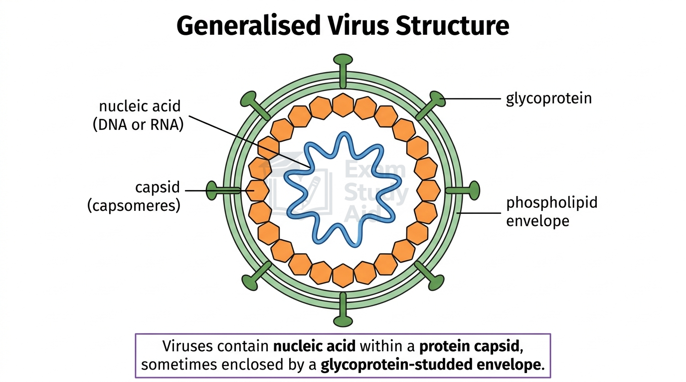 Generalised virus structure showing a nucleic acid core, surrounding protein capsid of capsomeres, and an outer phospholipid envelope studded with glycoproteins.