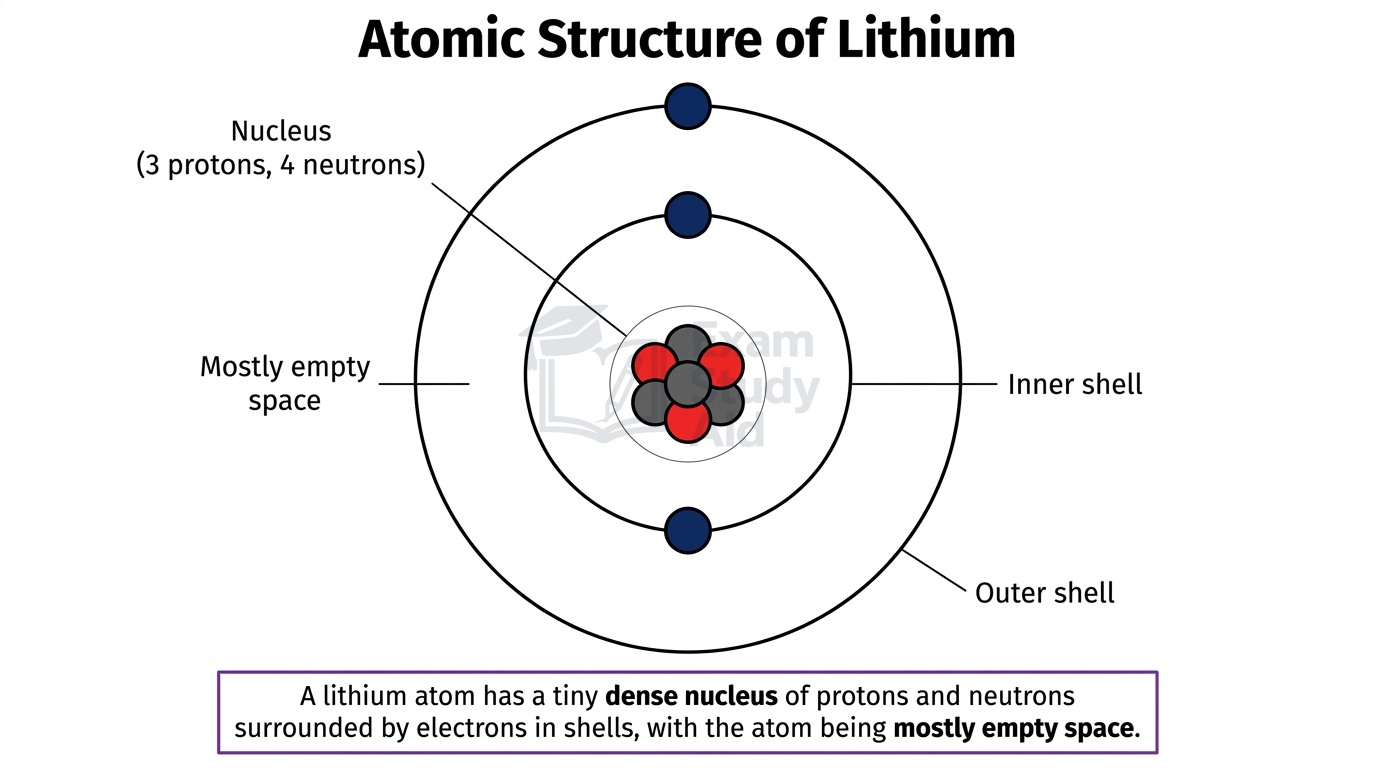 Shell diagram of a lithium atom showing a dense nucleus of three protons and four neutrons surrounded by electrons in inner and outer shells within mostly empty space.
