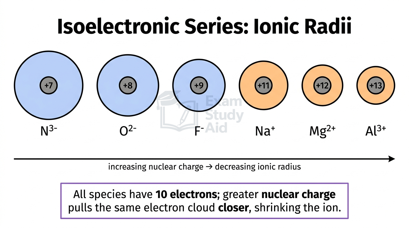 Isoelectronic series of ions N3-, O2-, F-, Na+, Mg2+ and Al3+ shrinking left to right as nuclear charge increases while all keep ten electrons.
