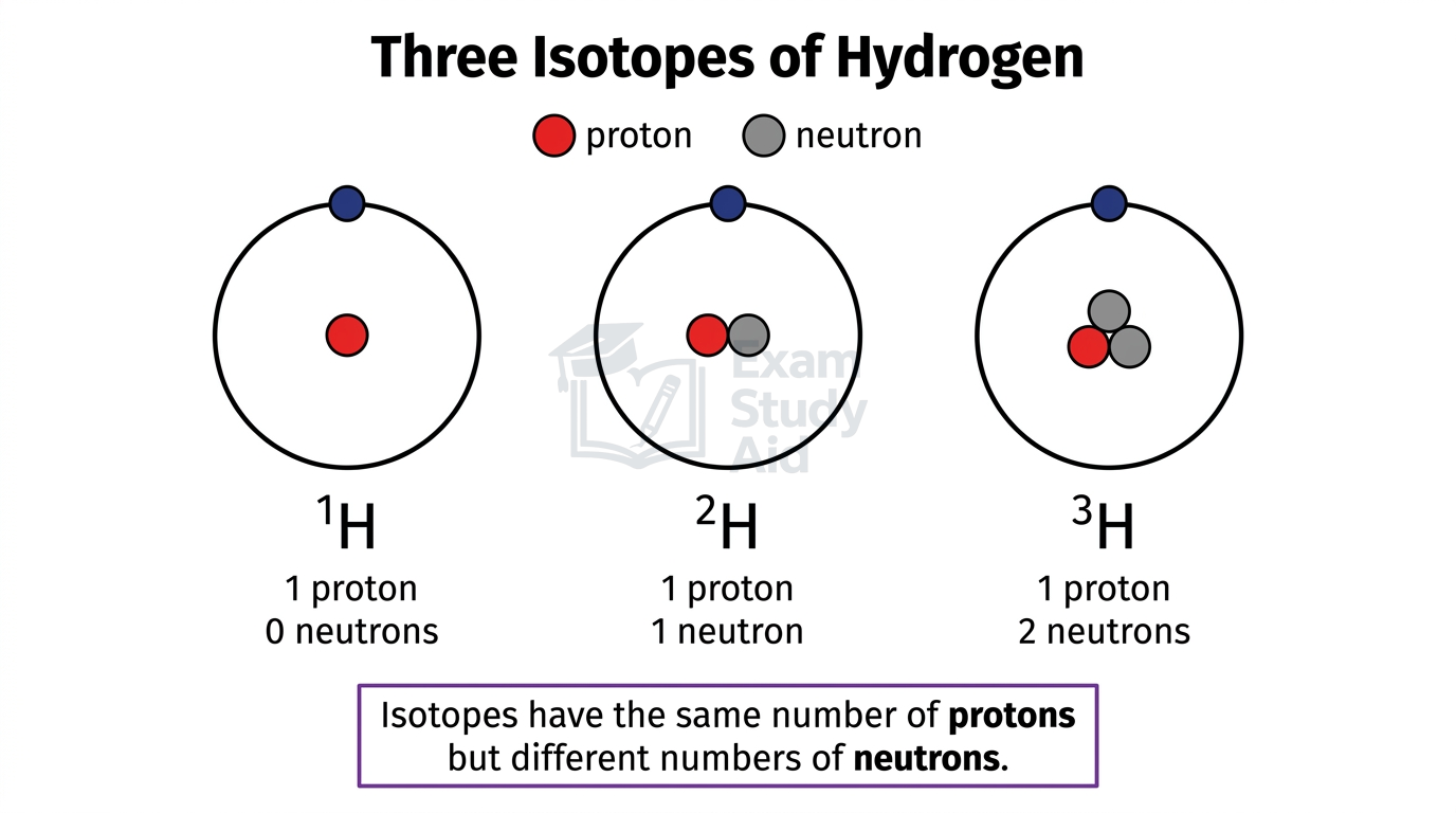 Shell diagrams of the three hydrogen isotopes, each with one proton and one electron but zero, one and two neutrons for protium, deuterium and tritium.