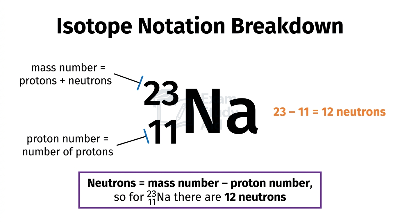 Isotope notation breakdown for sodium-23 showing the mass number 23 as protons plus neutrons and proton number 11, giving 12 neutrons.