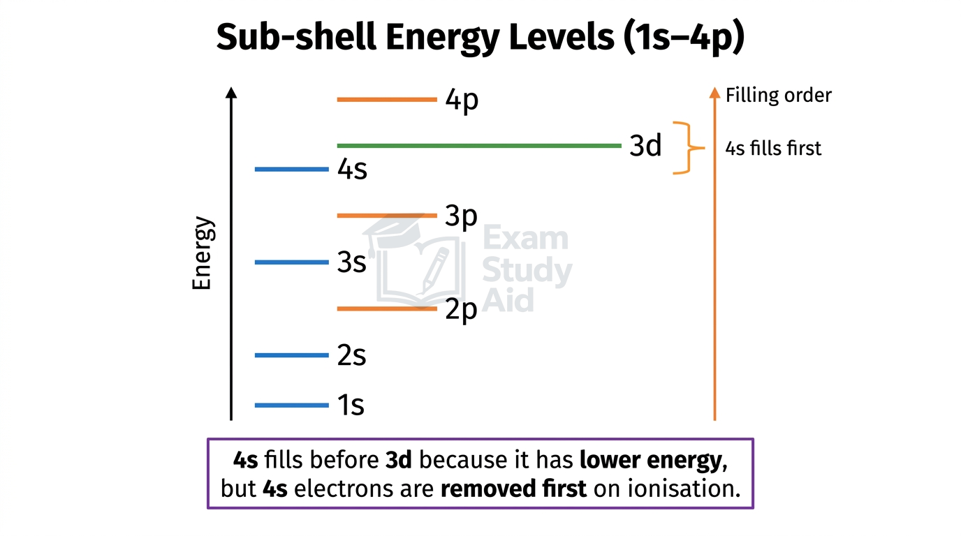 Energy-level diagram of sub-shells from 1s to 4p showing 4s lying below 3d, illustrating why 4s fills before 3d despite the higher shell number.