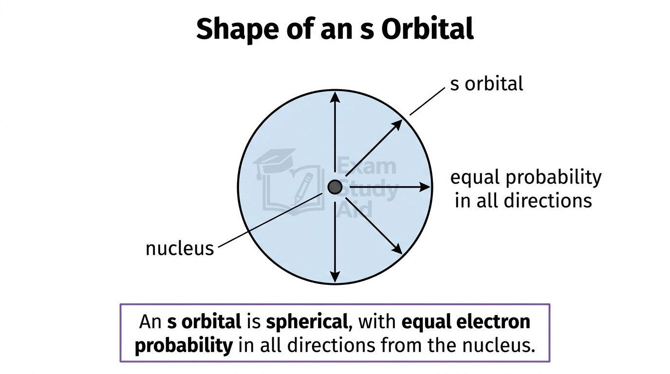 Diagram of a spherical s orbital around a central nucleus with arrows showing equal electron probability in all directions.