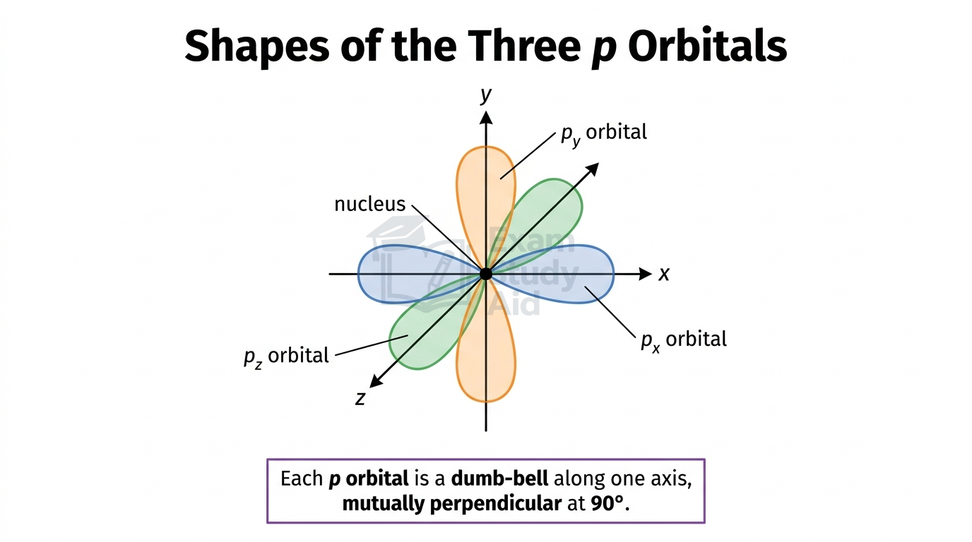 Diagram of the three dumb-bell shaped p orbitals, px, py and pz, oriented mutually perpendicular along the x, y and z axes through the nucleus.