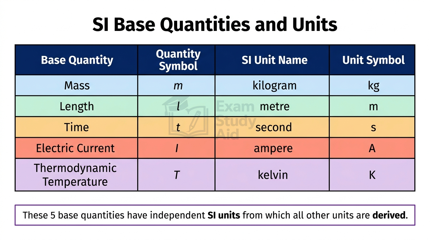 Table of five SI base quantities with their symbols, unit names and unit symbols: mass kg, length m, time s, current A, temperature K.