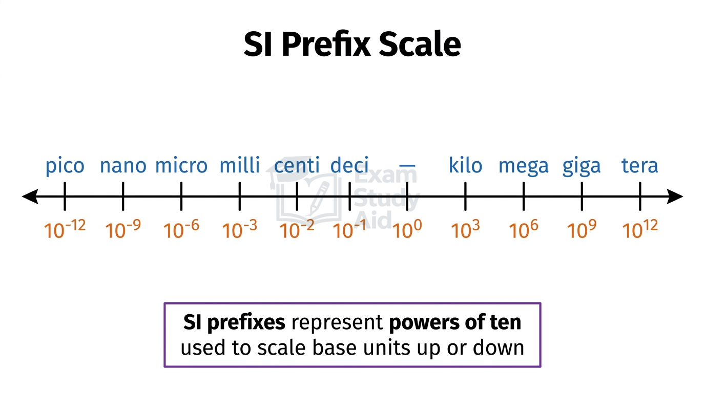 Number line of SI prefixes from pico (10^-12) to tera (10^12) in powers of ten, each scaling base units up or down.