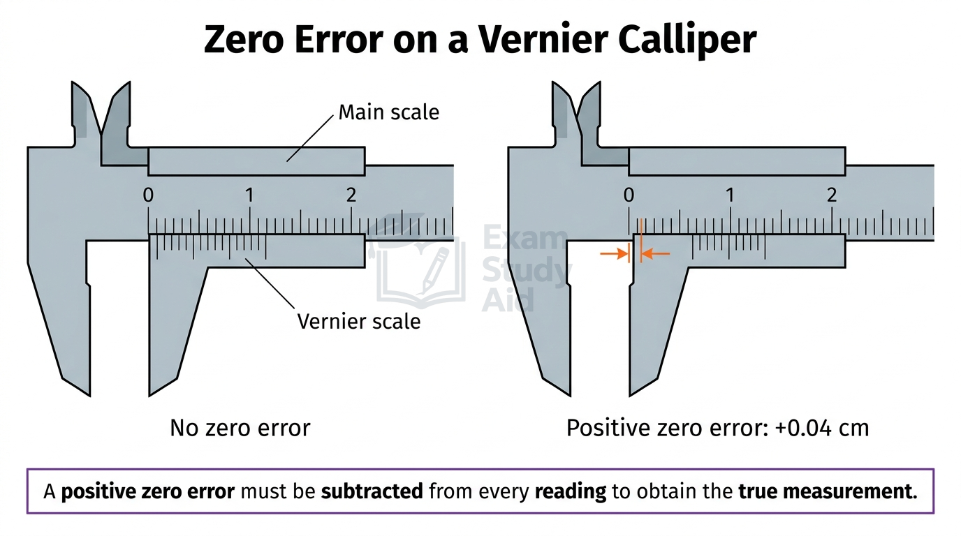 Two vernier callipers compared: one with jaws closed reading zero, the other showing a positive zero error of +0.04 cm to be subtracted.