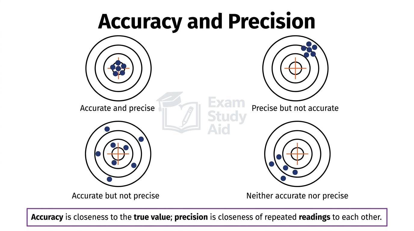 Four target diagrams contrasting accuracy and precision: accurate and precise, precise not accurate, accurate not precise, and neither.