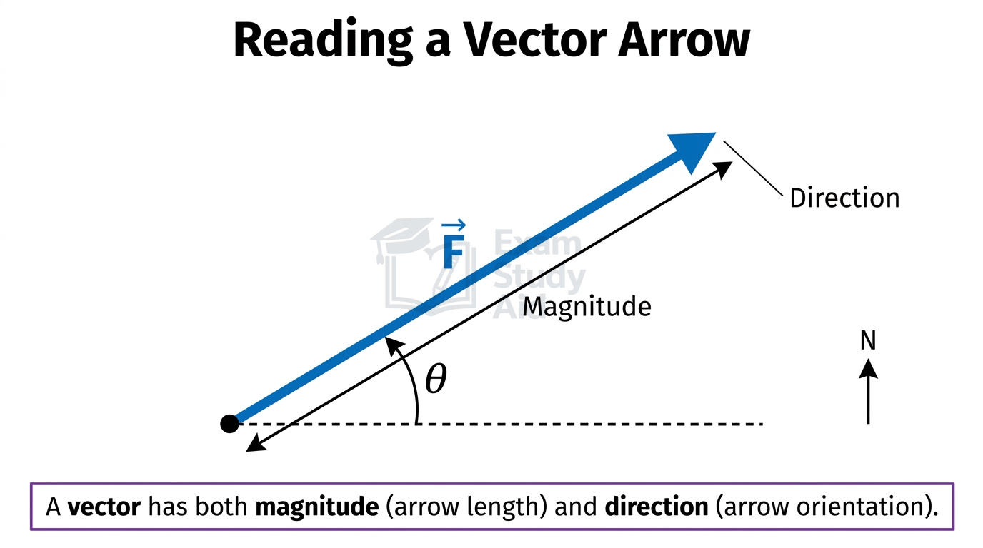 Vector arrow F showing magnitude as its length and direction as its orientation, with angle theta from horizontal and a north reference.