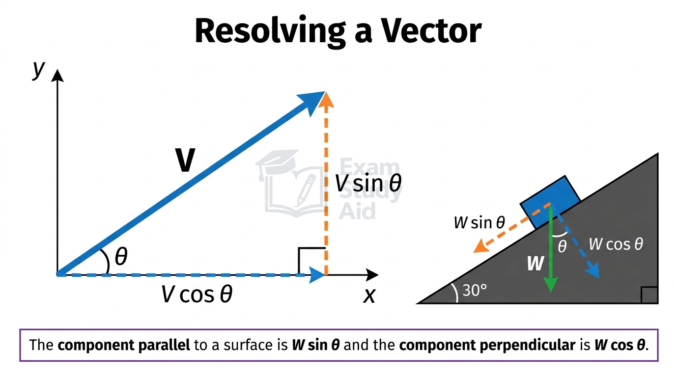 A vector V resolved into horizontal component V cos theta and vertical component V sin theta, with an inset of weight on an incline.