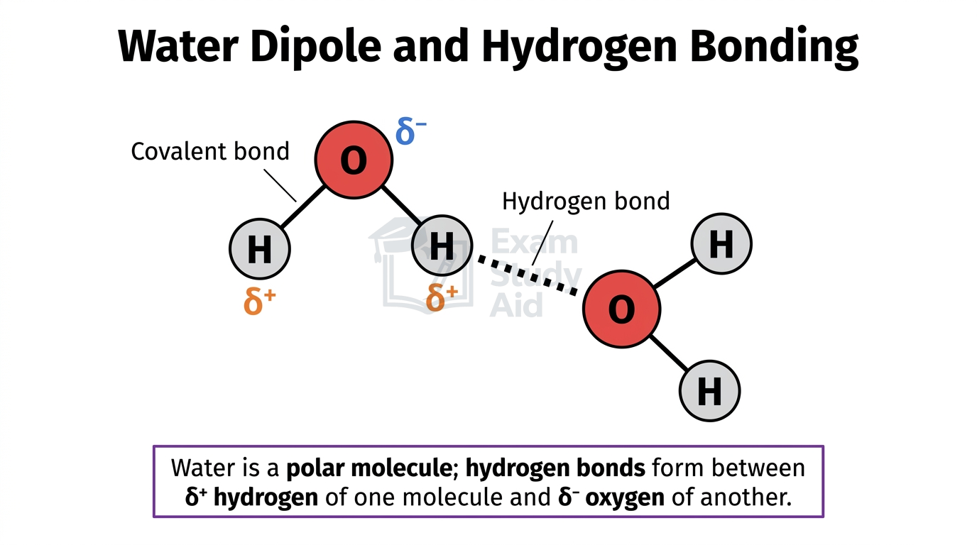 Two water molecules showing polar covalent bonds with delta-negative oxygen and delta-positive hydrogens, and a dashed hydrogen bond linking one molecule to the other.