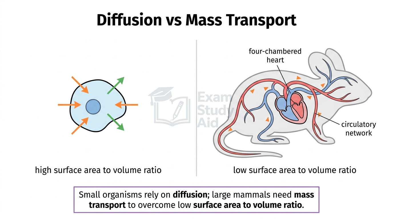 Diffusion versus mass transport: a single cell with high surface-area-to-volume ratio beside a mammal with a four-chambered heart and circulatory network for low ratio.