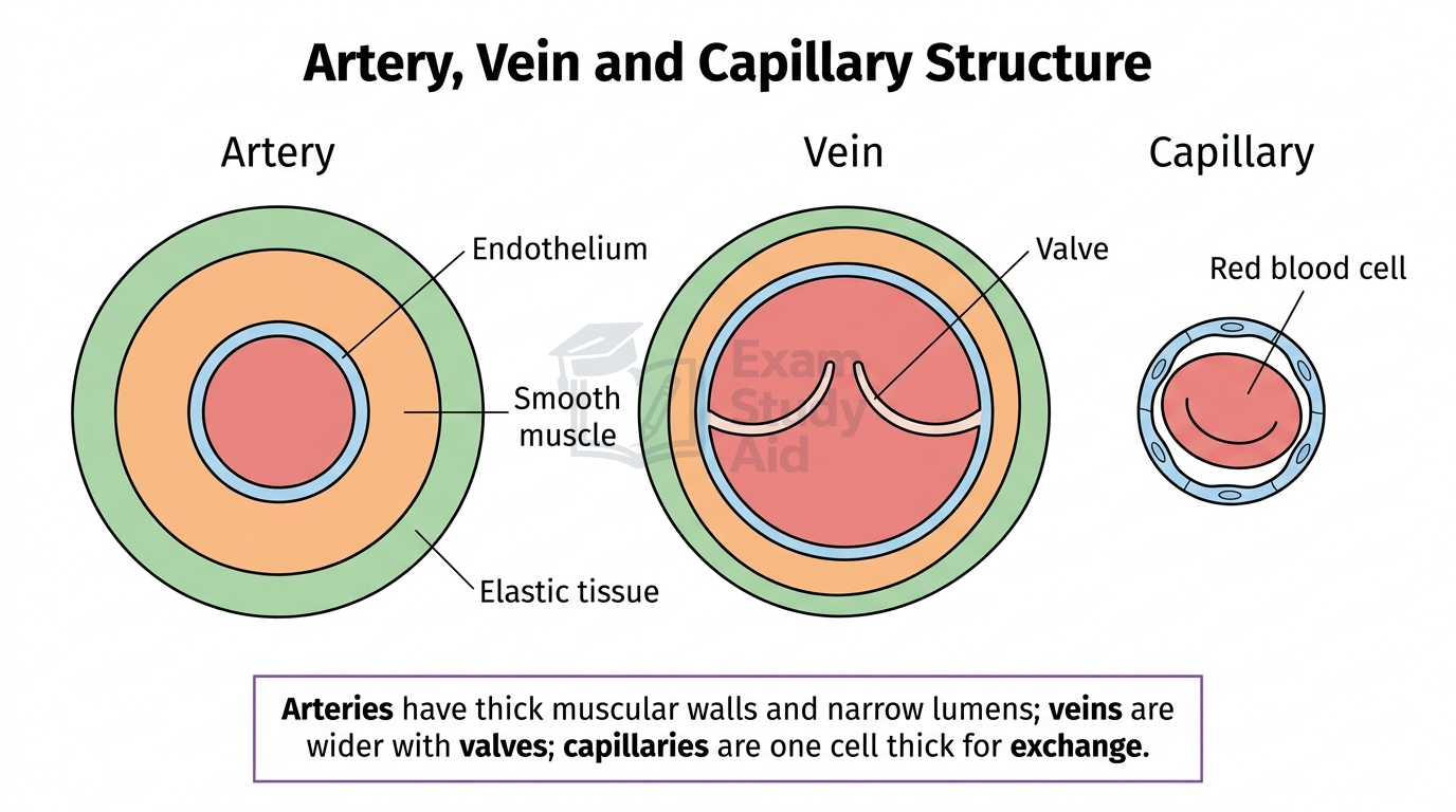Cross-sections of an artery, vein and capillary showing thick muscular artery wall, wider vein with a valve, and single-cell-thick capillary containing a red blood cell.