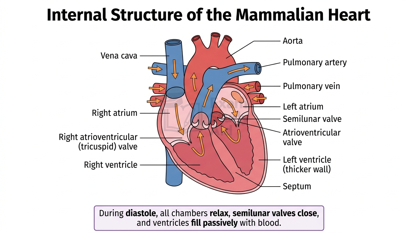 Labelled internal structure of the mammalian heart showing vena cava, atria, ventricles, aorta, pulmonary artery and vein, atrioventricular and semilunar valves, and septum.