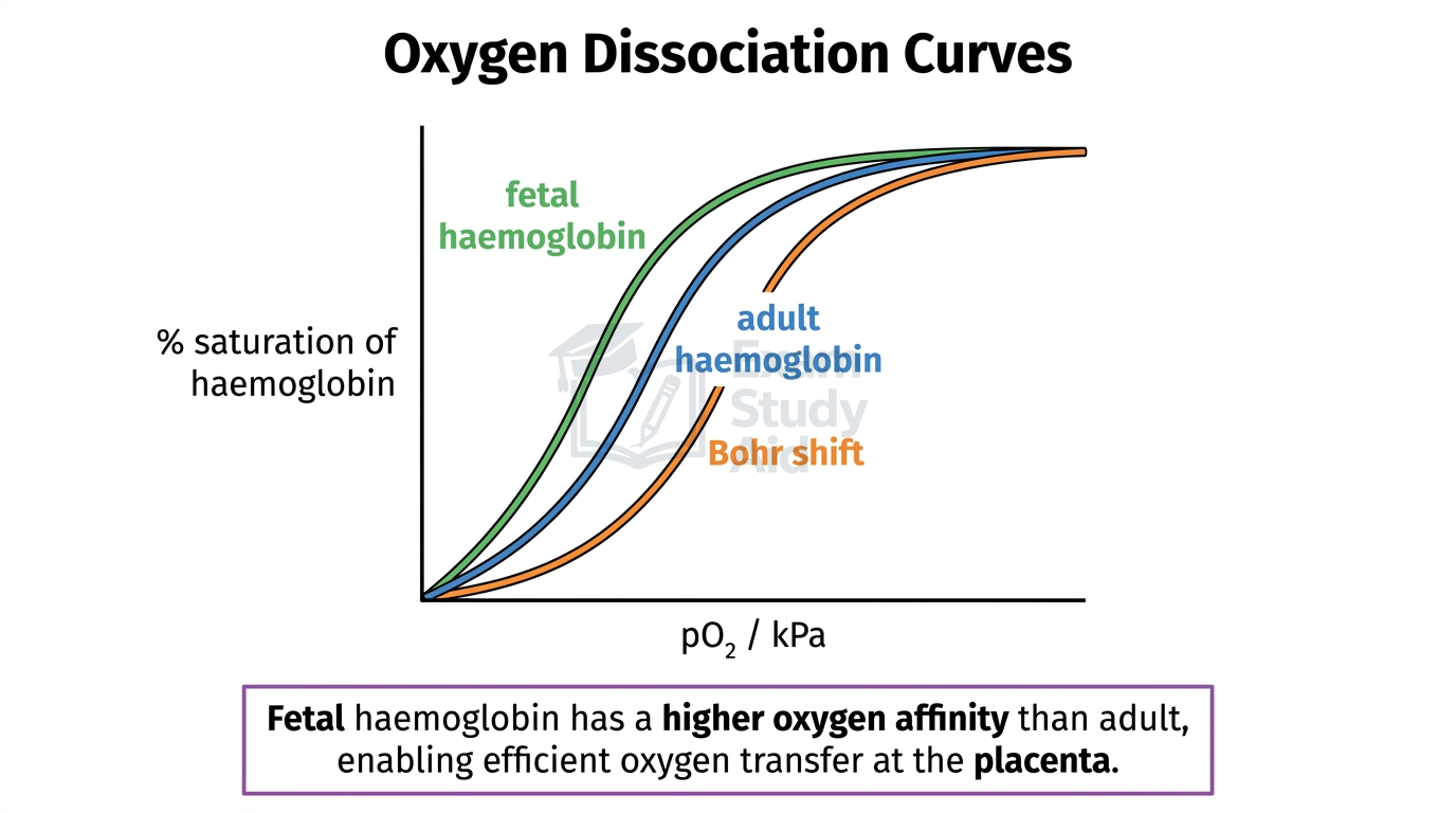 Oxygen dissociation curves plotting percentage haemoglobin saturation against pO2, with fetal haemoglobin shifted left of adult and a Bohr-shifted curve to the right.