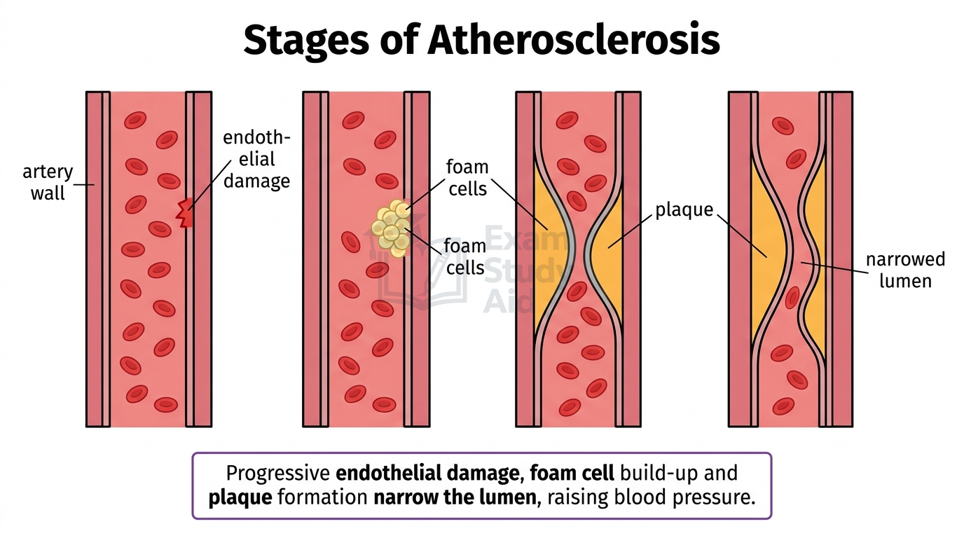 Four progressive artery cross-sections showing atherosclerosis stages: endothelial damage, foam cell build-up, plaque formation and a narrowed lumen raising blood pressure.