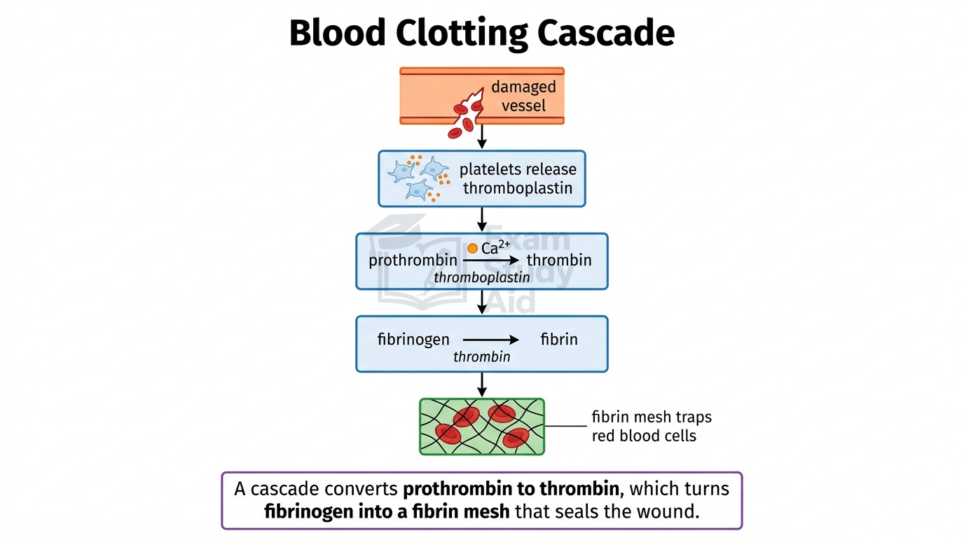 Blood clotting cascade flowchart: damaged vessel triggers platelets to release thromboplastin, converting prothrombin to thrombin and fibrinogen to a fibrin mesh trapping red cells.