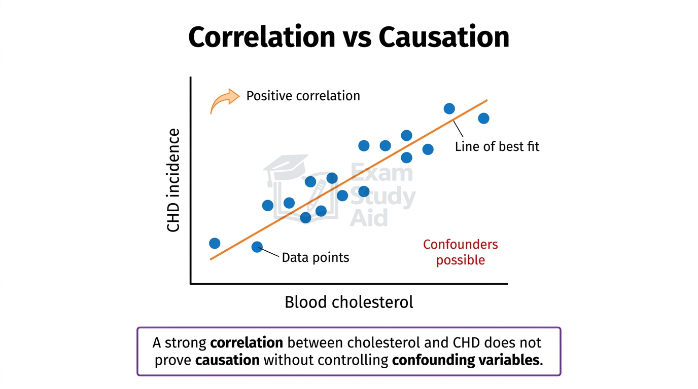 Scatter graph of CHD incidence against blood cholesterol showing a positive correlation with a line of best fit, noting confounders may still explain the trend.