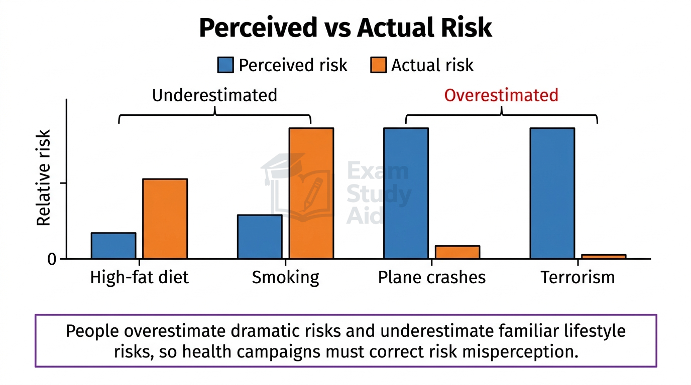 Bar chart comparing perceived and actual risk showing lifestyle risks like high-fat diet and smoking underestimated while plane crashes and terrorism are overestimated.