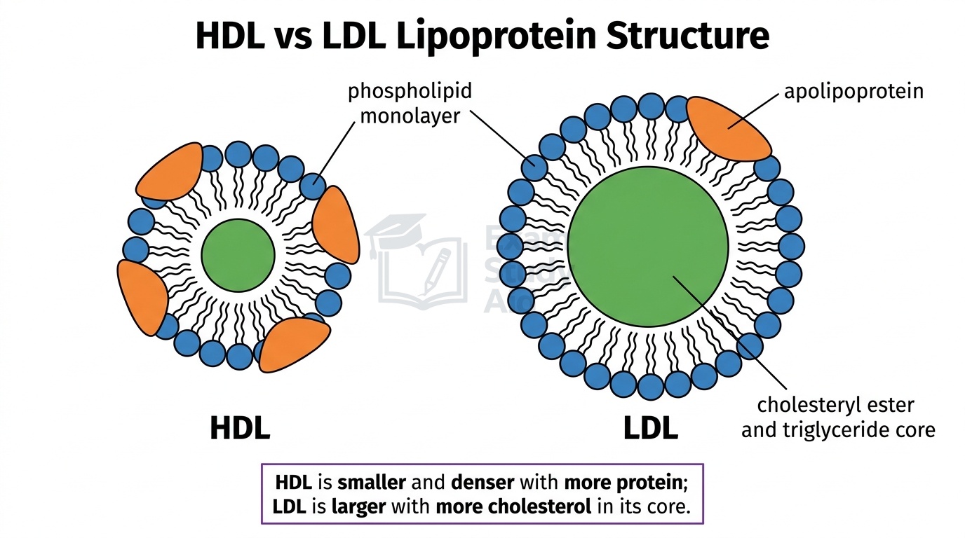 Cross-sections of HDL and LDL lipoproteins showing a phospholipid monolayer, apolipoprotein and cholesterol core, with smaller denser HDL and larger cholesterol-rich LDL.