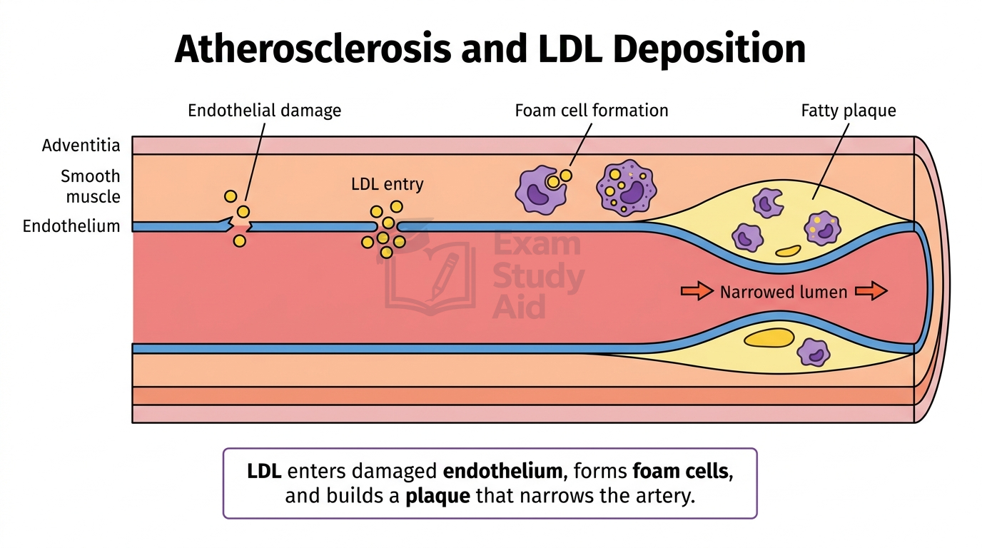 Longitudinal artery diagram showing endothelial damage, LDL entry, foam cell formation and a fatty plaque narrowing the lumen through the wall layers.