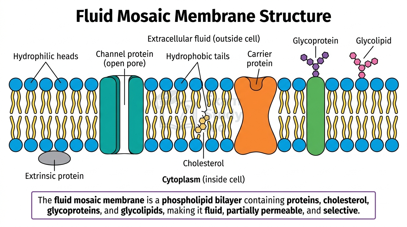 Fluid mosaic membrane structure labelling phospholipid bilayer, channel and carrier proteins, cholesterol, extrinsic protein, glycoprotein and glycolipid.