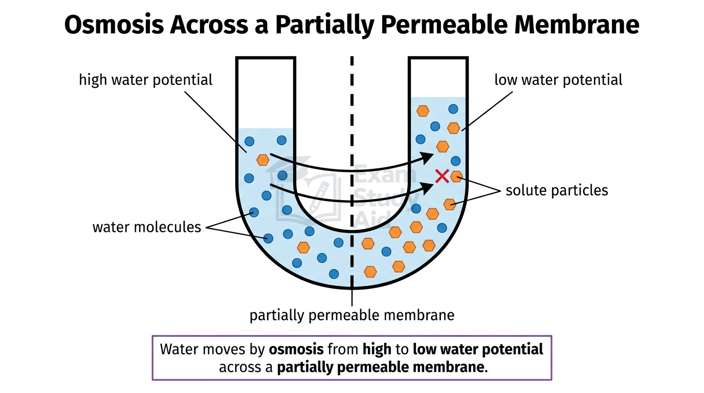 U-tube with a partially permeable membrane showing water molecules moving by osmosis from high water potential to low water potential while solute particles are held back.