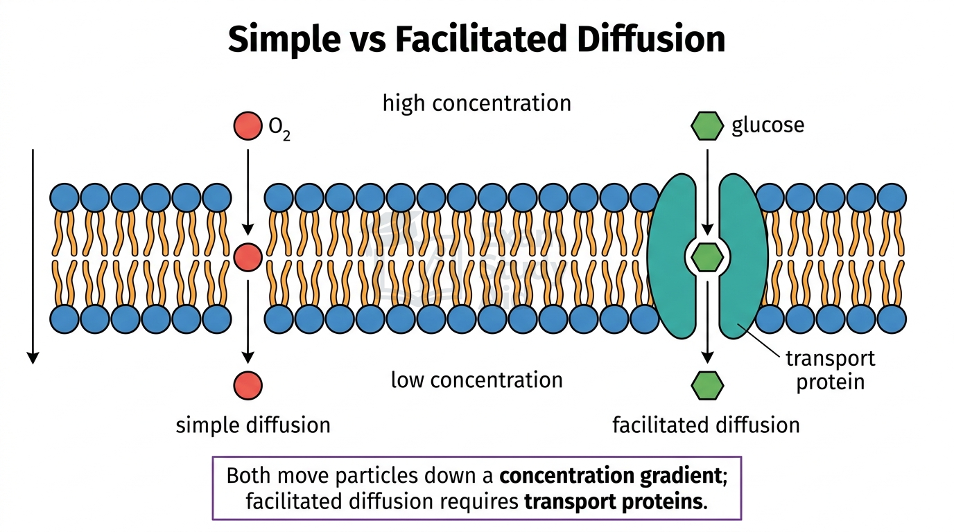 Simple versus facilitated diffusion across a phospholipid bilayer: oxygen crossing directly and glucose passing through a transport protein, both moving down the concentration gradient.