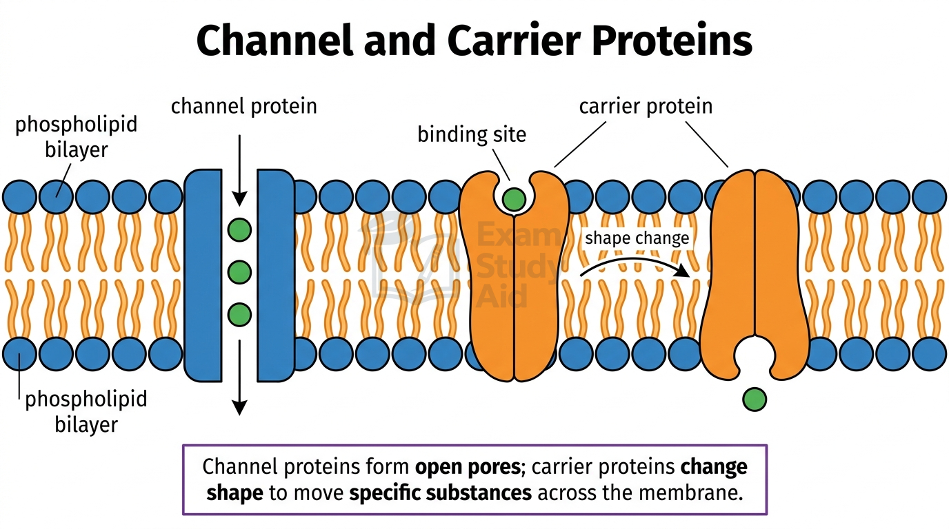 Membrane transport proteins in a phospholipid bilayer: a channel protein forming an open pore and a carrier protein with a binding site changing shape to move a substance.