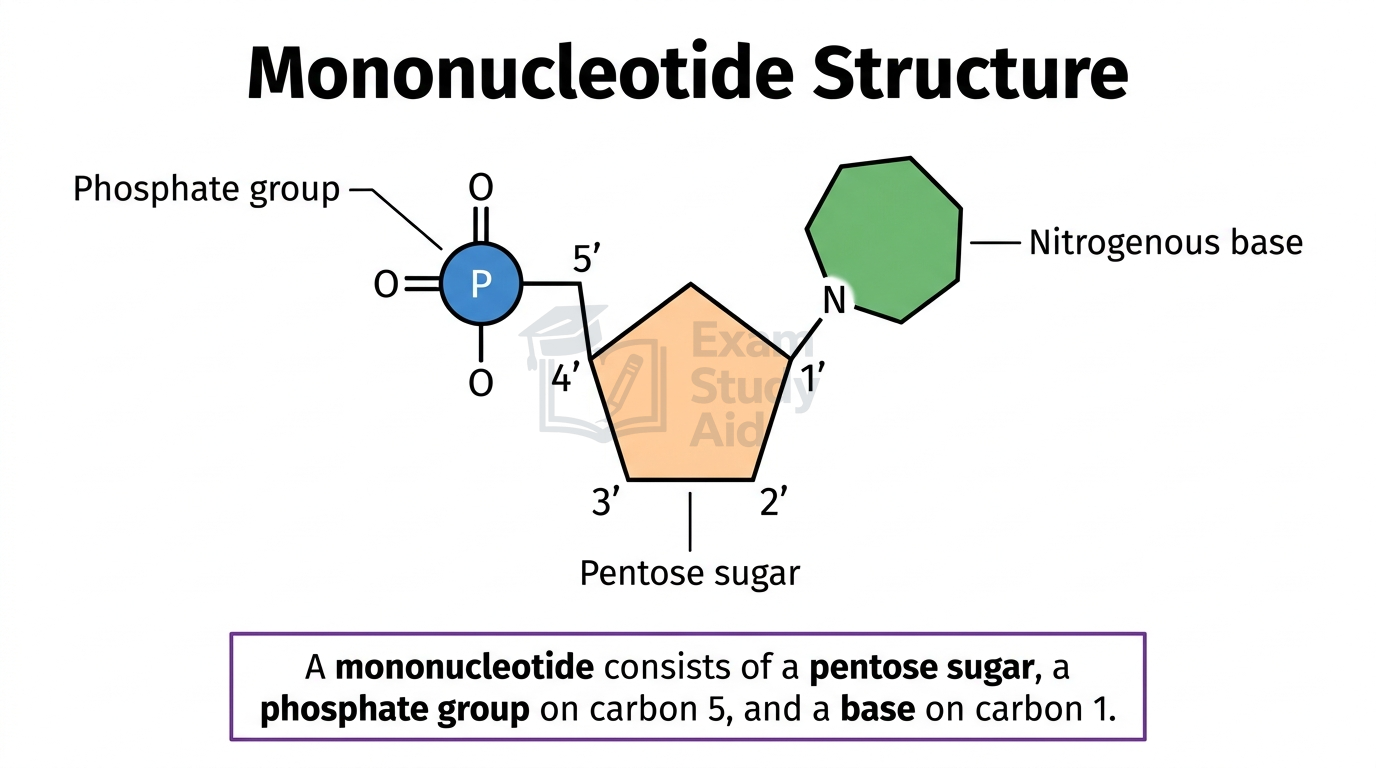 Mononucleotide structure showing pentose sugar with numbered carbons, a phosphate group on carbon 5, and a nitrogenous base on carbon 1.