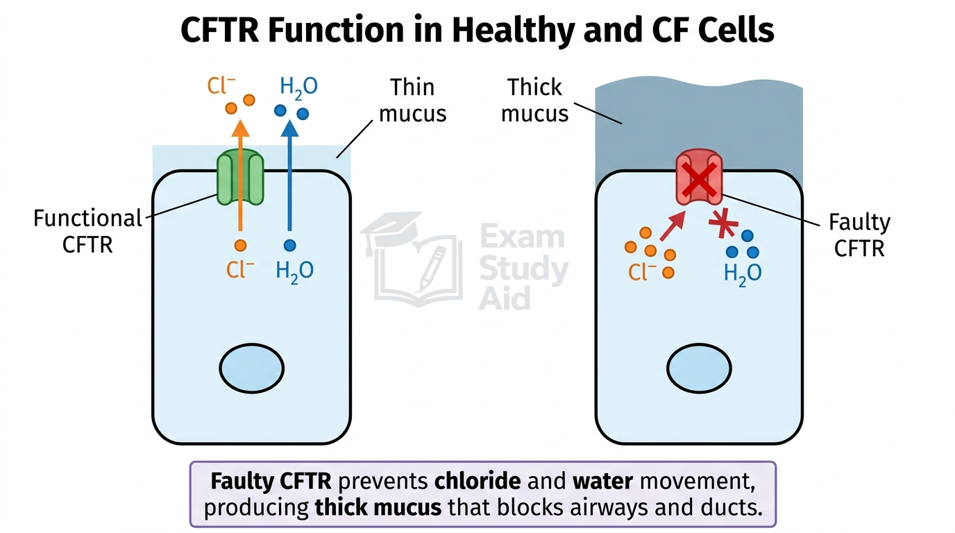 Comparison of healthy cell with functional CFTR moving chloride ions and water to form thin mucus, versus faulty CFTR producing thick sticky mucus.