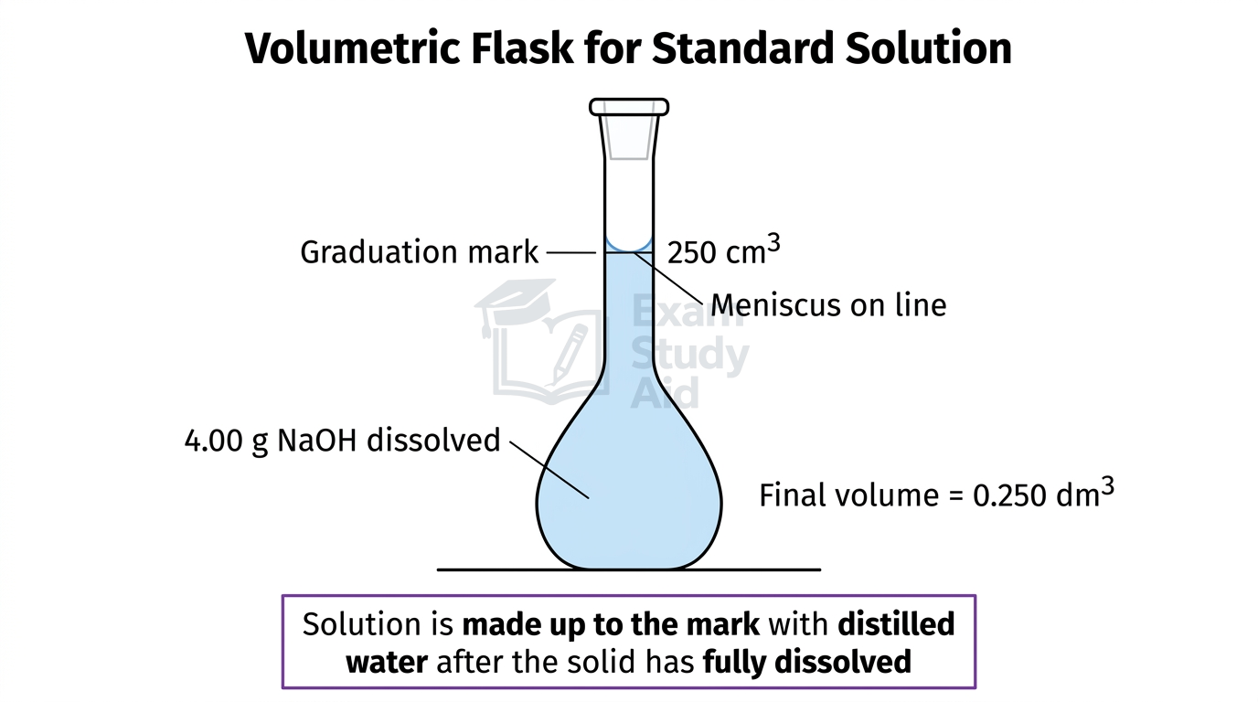 Volumetric flask holding 4.00 g dissolved NaOH filled to the 250 cm3 graduation mark, with meniscus on the line and final volume 0.250 dm3.