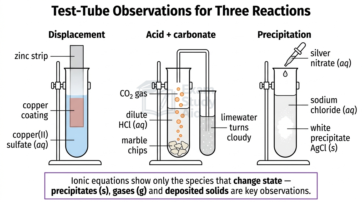 Three test-tube reactions showing displacement (zinc in copper sulfate), acid plus carbonate producing CO2, and a silver chloride precipitation.