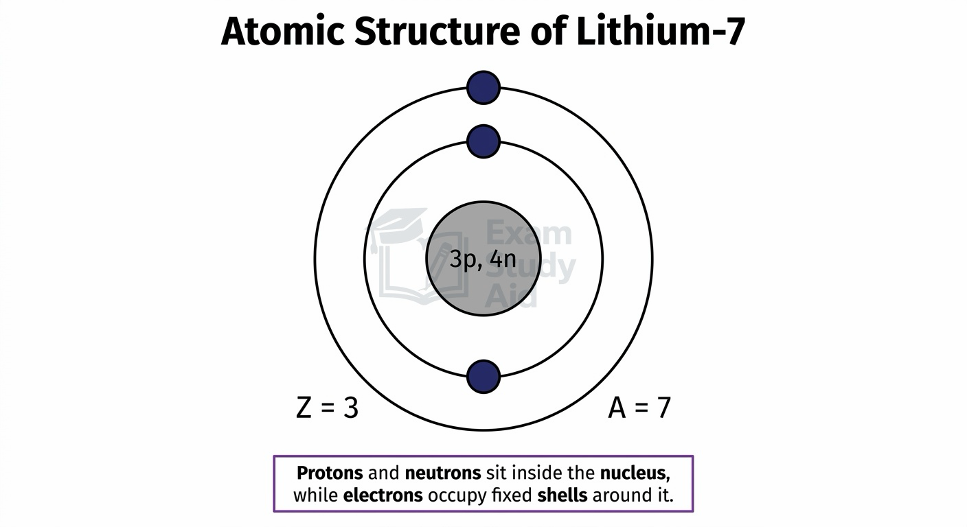 Bohr-model atomic structure of lithium-7 showing a central nucleus of 3 protons and 4 neutrons with three electrons in shells, Z=3 and A=7.