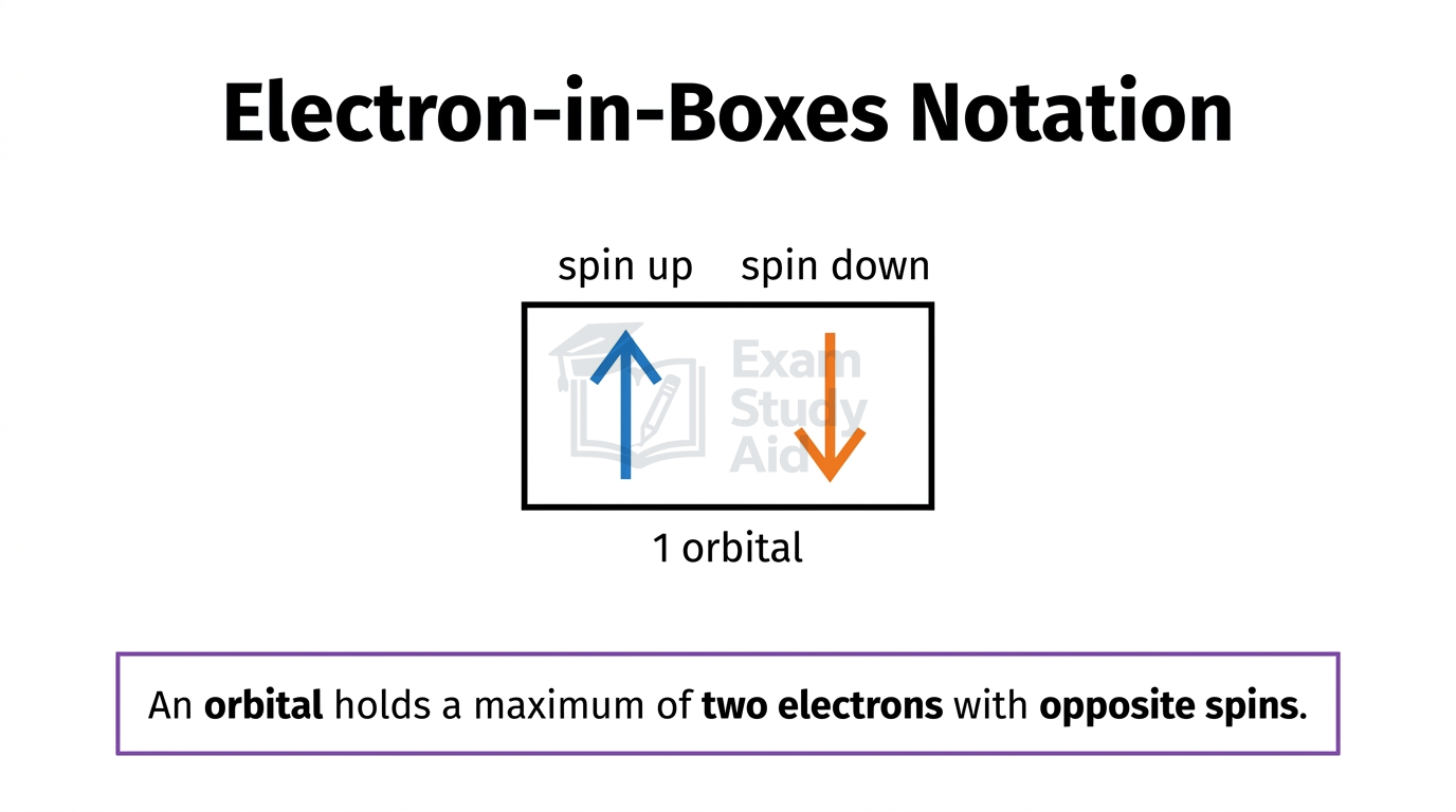 Electron-in-boxes notation showing one orbital box holding a spin-up and spin-down arrow, representing two electrons with opposite spins.