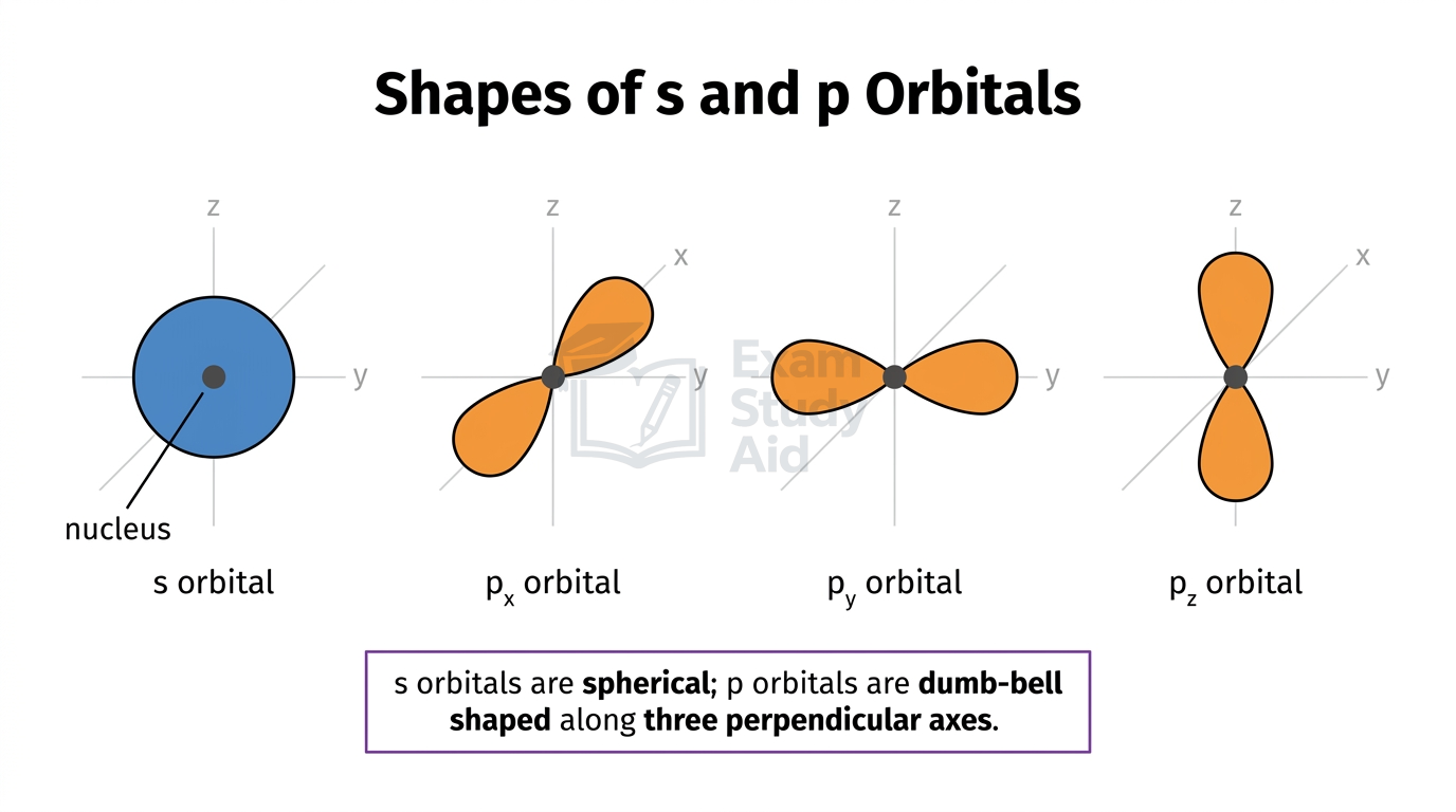 Shapes of orbitals: a spherical s orbital and three dumb-bell-shaped p orbitals (px, py, pz) aligned along perpendicular x, y and z axes.