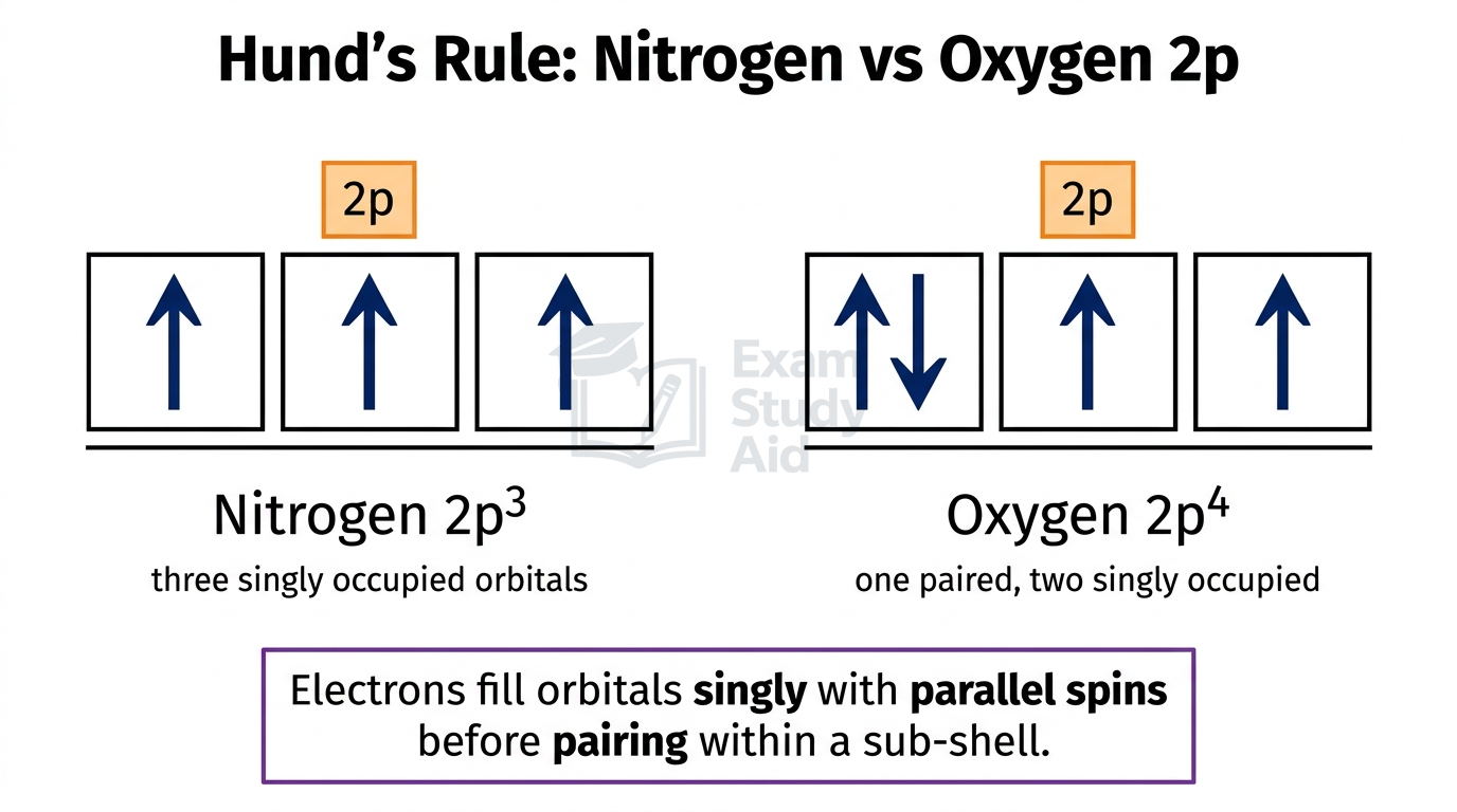 Electron-in-boxes for nitrogen 2p (three singly occupied orbitals) versus oxygen 2p (one paired, two singly occupied), illustrating Hund's rule.