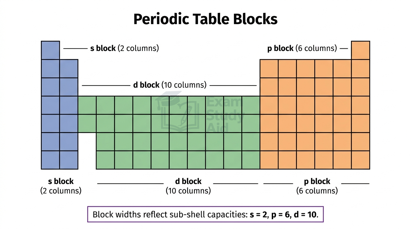 Periodic table divided into coloured s block (2 columns), d block (10 columns) and p block (6 columns) reflecting sub-shell electron capacities.