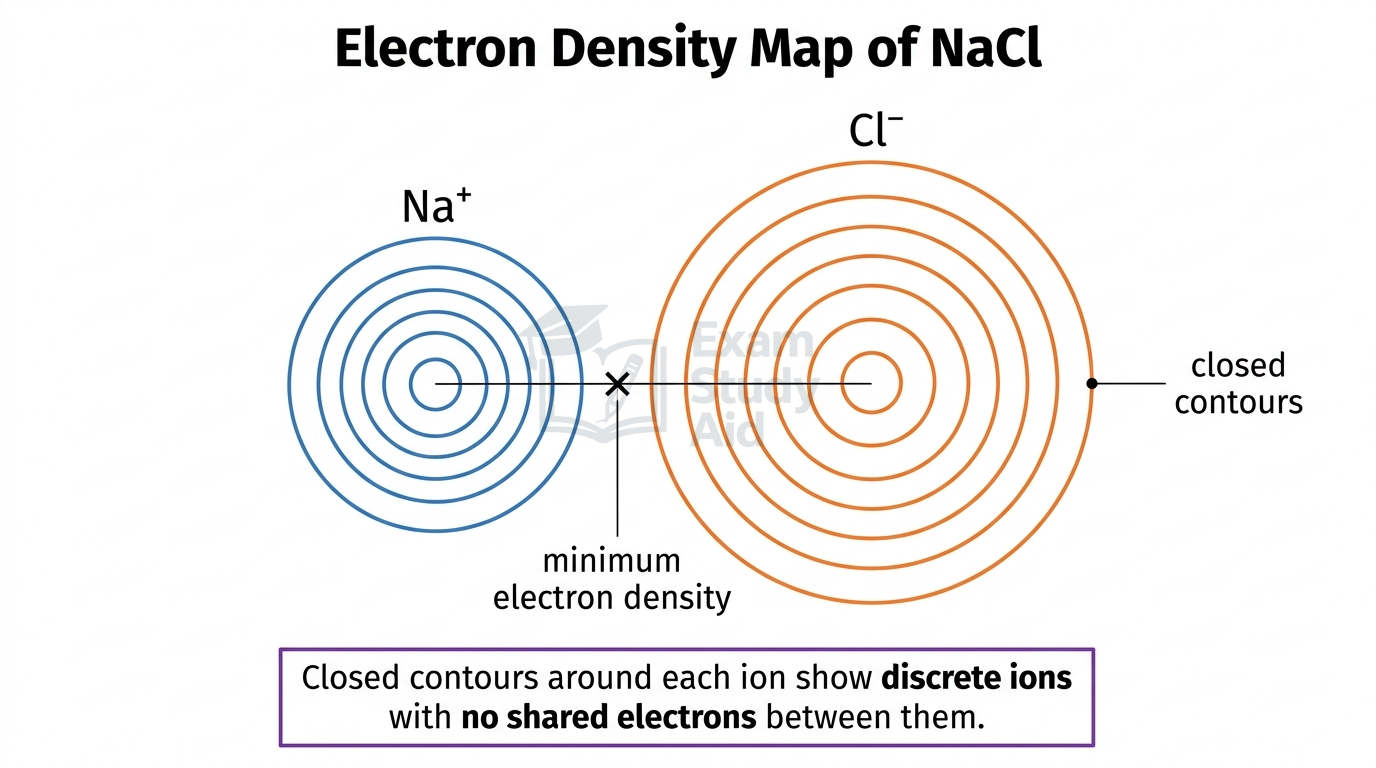 Electron density map of NaCl showing separate closed contour rings around Na+ and Cl- with a minimum-density gap, evidencing discrete ions.