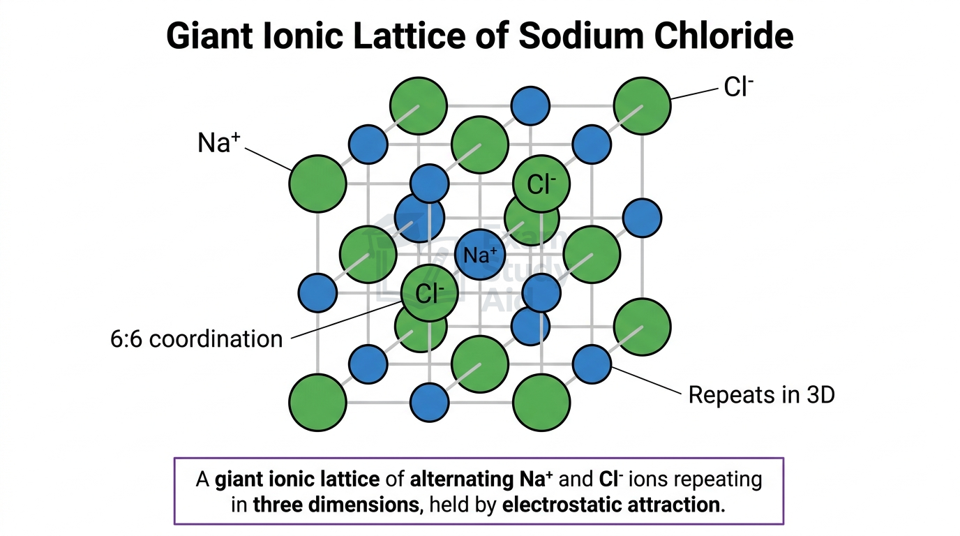 Giant ionic lattice of sodium chloride showing alternating Na+ and Cl- ions in a repeating 6:6 coordinated three-dimensional cubic arrangement.