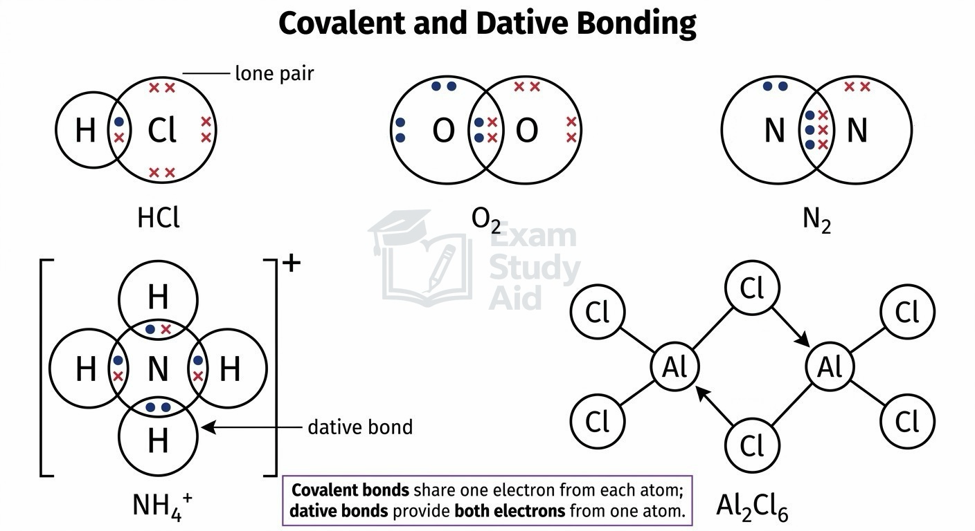 Dot-and-cross diagrams for HCl, O2 (double bond) and N2 (triple bond), plus dative bonding in the ammonium ion NH4+ and the Al2Cl6 dimer.