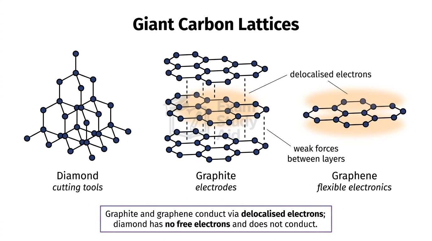 Giant carbon lattices compared: tetrahedral diamond, layered graphite with delocalised electrons, and single-layer graphene for flexible electronics.
