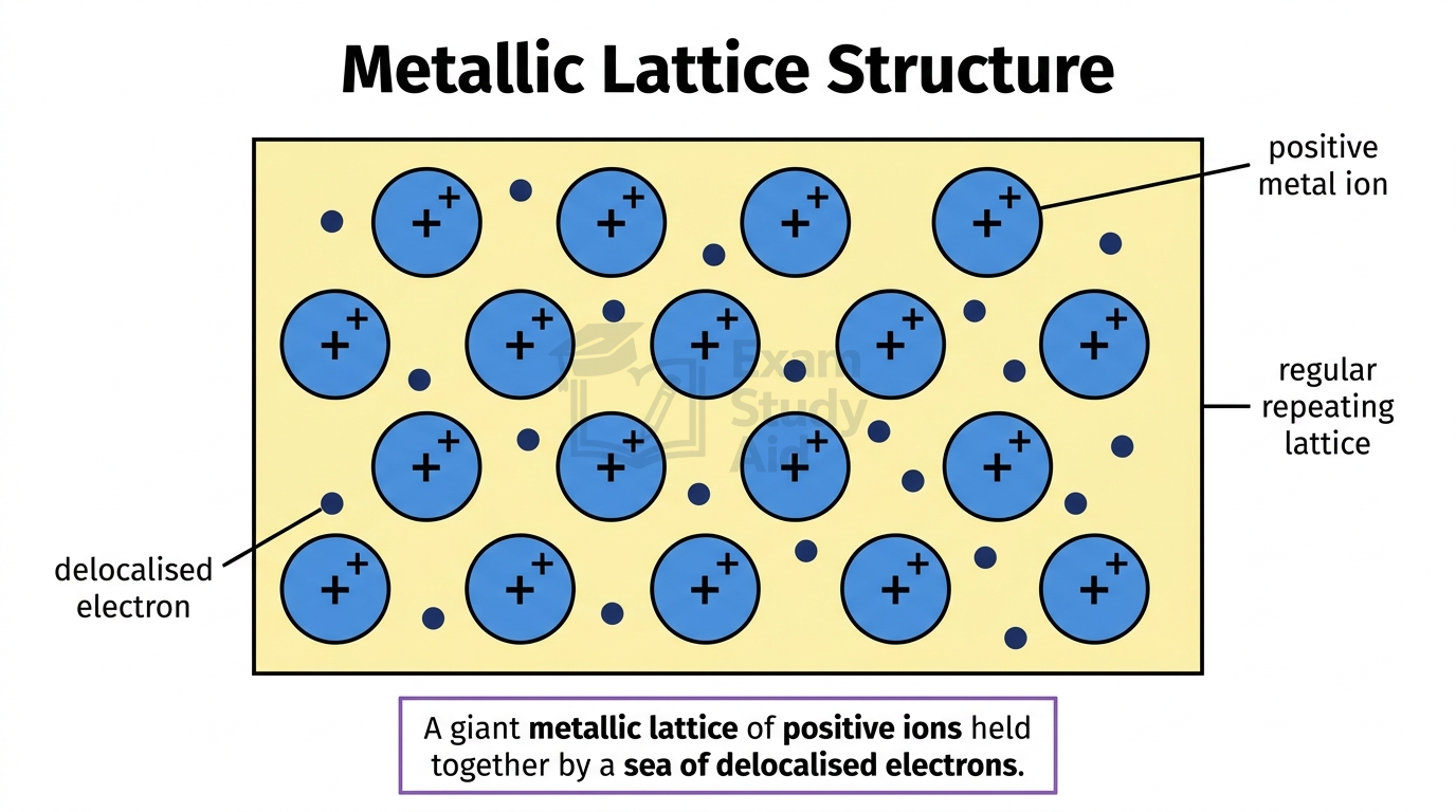 Metallic lattice structure showing a regular repeating array of positive metal ions held together by a surrounding sea of delocalised electrons.