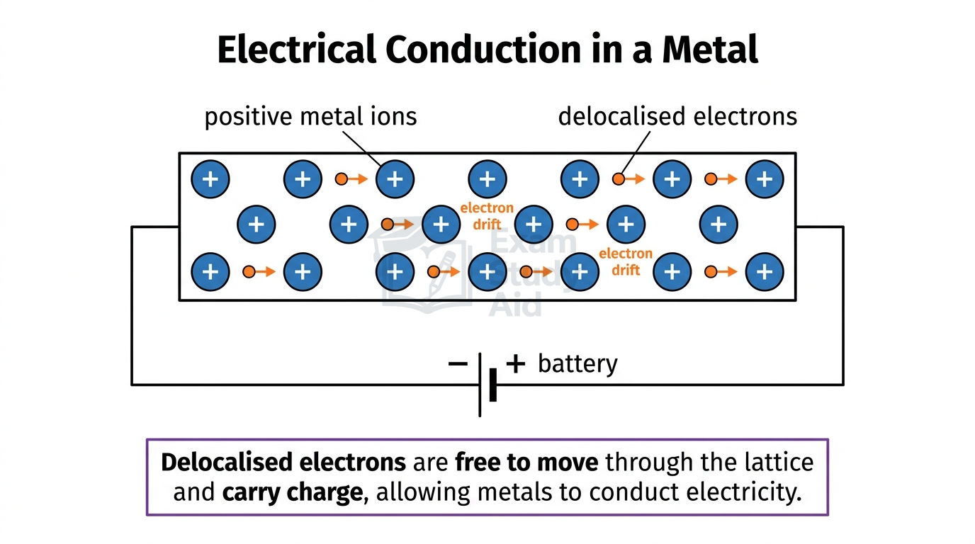 Electrical conduction in a metal: delocalised electrons drifting between positive metal ions towards a battery terminal to carry charge.
